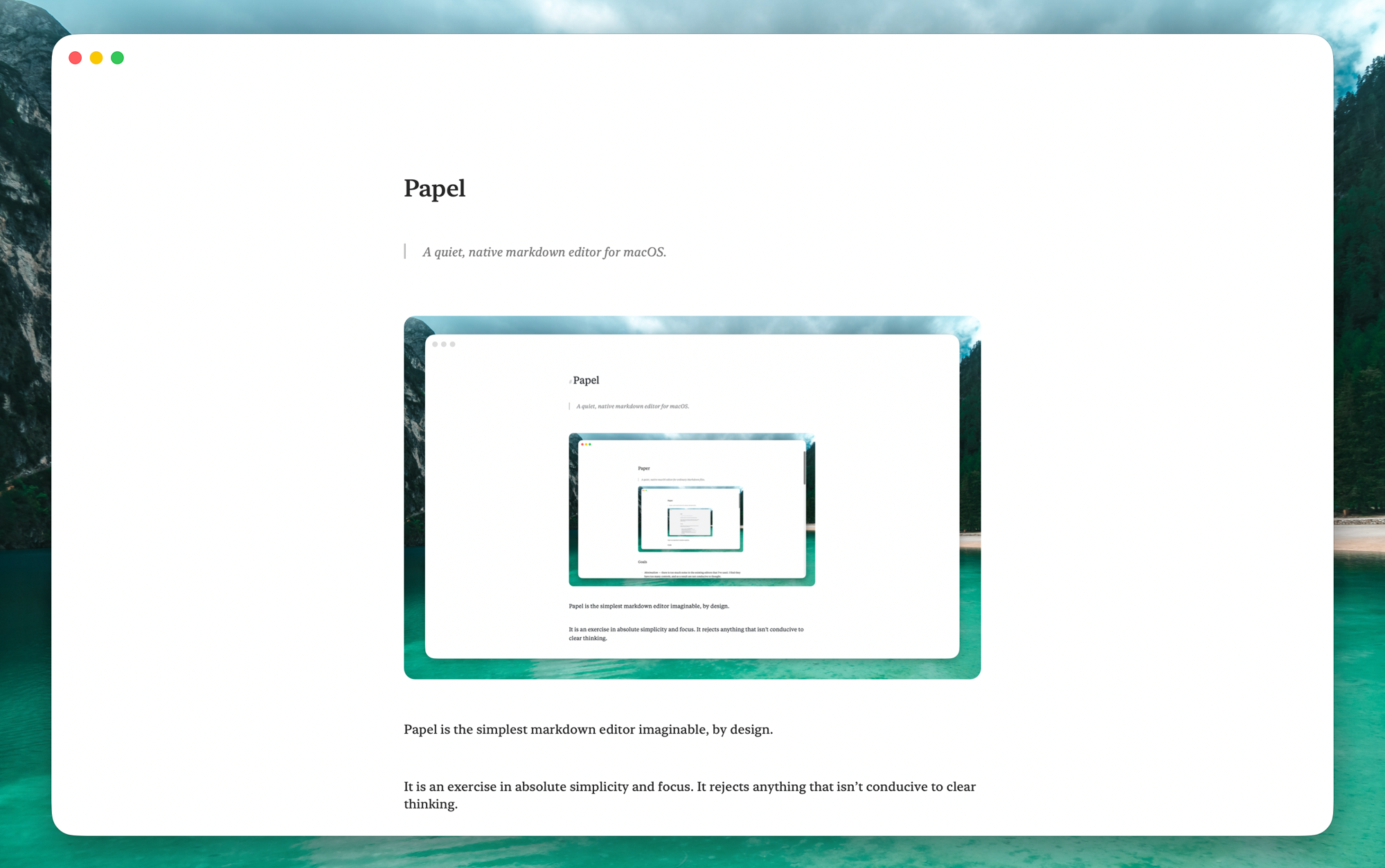 A Papel window showing a Markdown document: a heading, an italic quote behind a rule, and an embedded screenshot of the app itself.
