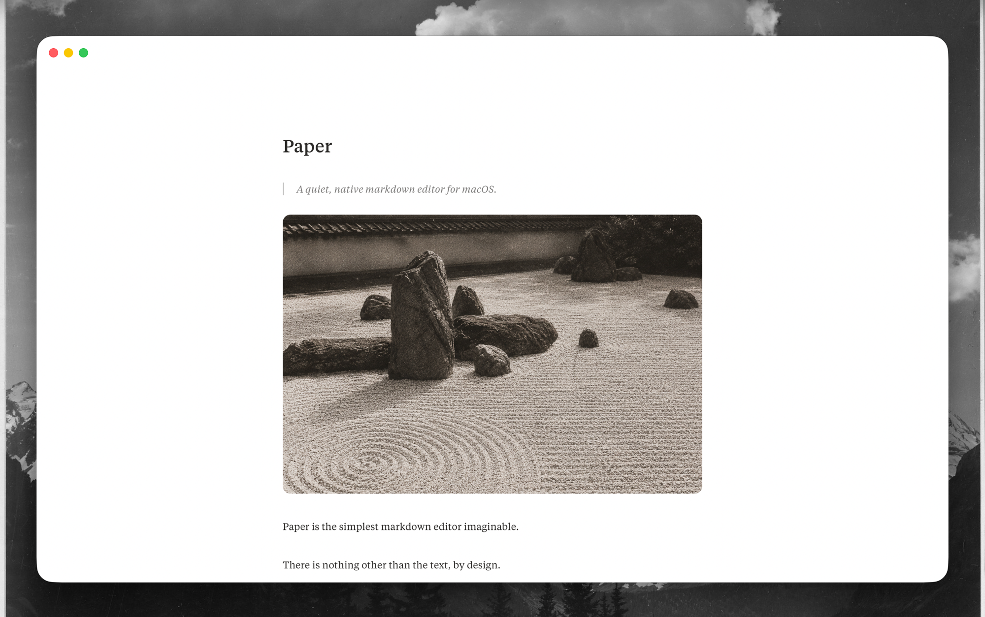 A Paper window showing its own README: a heading, an italic quote behind a rule, and a photograph of a raked rock garden.